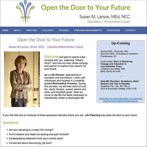 website for Open the Door to Your Future - Transition/Reinvention Coach